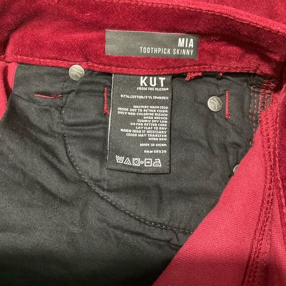 KUT Mia Toothpick Skinny Red Velvet Jeans size 2 Burgundy Red Wine - Picture 3 of 6